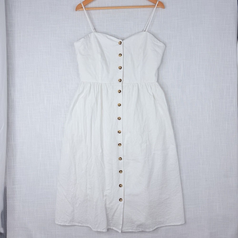 H&M White Linen Blend Button Front Midi Sundress Size 12